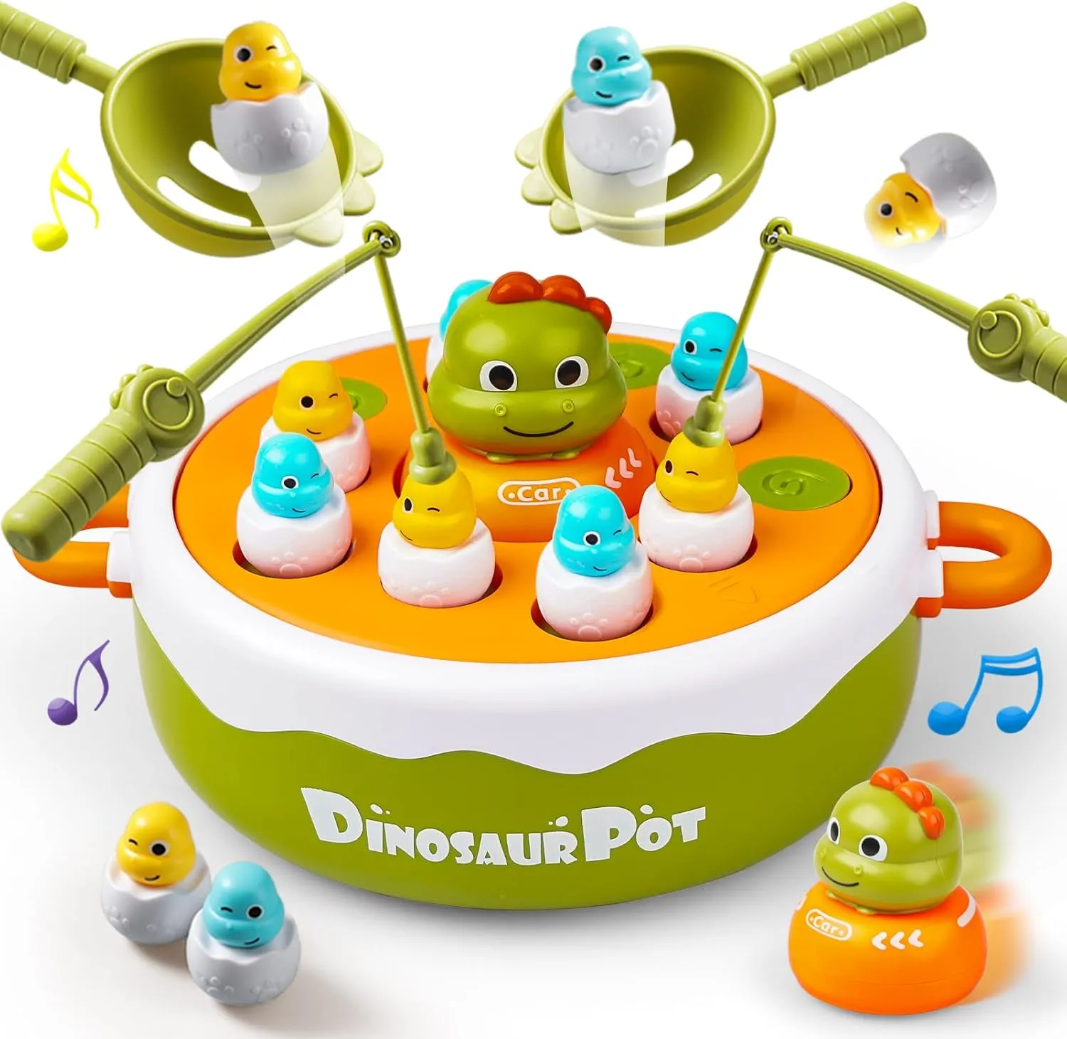 4-in-1 Dinosaur Pop Up Board Games for Toddlers, Magnetic Fishing Game Tic Tac Toe Bowling Toys, Rotate Music Dino Bounce and Catch Game, Family Games for Kids 3-5 4-8 Boy Girl