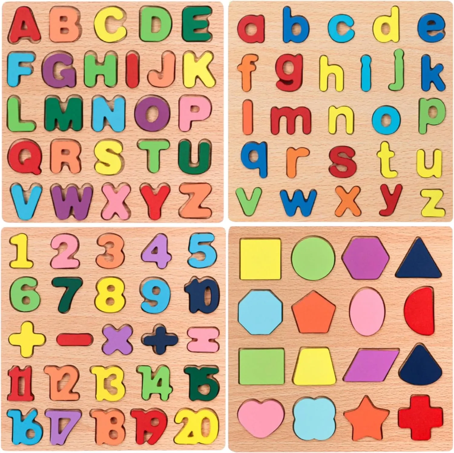 4-in-1 Wooden Puzzles for Toddlers 3  | ABC Alphabet, Numbers, Shapes & Colors Learning Puzzle Set with Letter Blocks, Puzzle Board | Educational Toys for Boys & Girls, Preschool & Early Learning