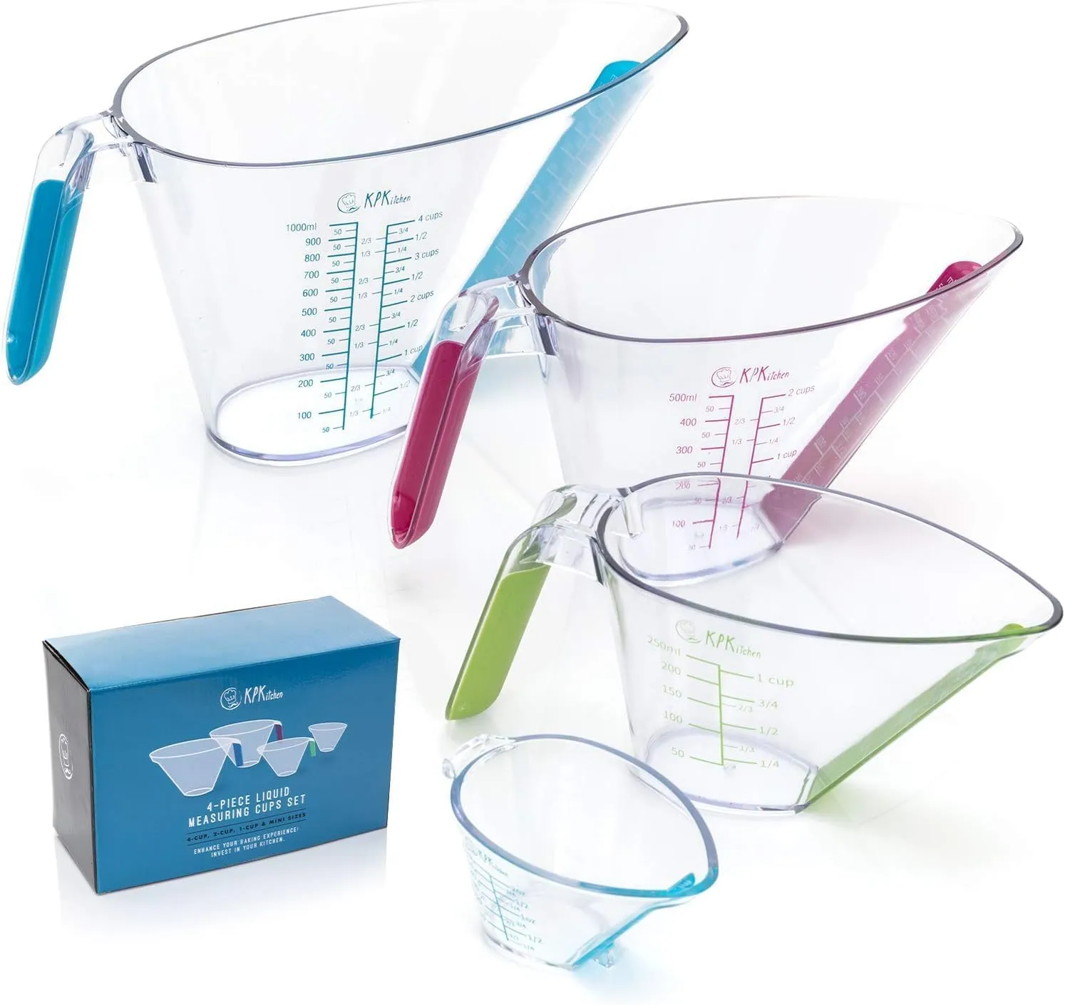 4-Piece Angled Liquid Measuring Cups Plastic Set - Mini Oz, 1, 2 and 4 Plastic Measuring Cup Sizes - Measuring Cups For Liquids with ML & Cups Measures - KPKitchen Small & Large Measure Cup