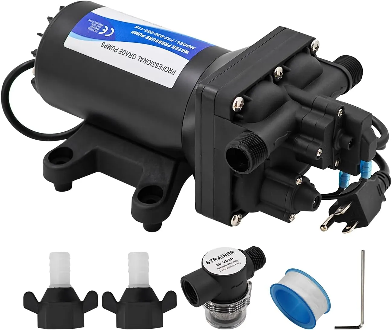4008-171-A65 Water Pump 115V 3.0GPM Revolution Pump with Strainer 11.3LPM/55PSI/3.7Bar Water Pump for RV Marine Boat 4008-171-E65 Built-In Pressure Switch Viton Valves Self-Priming & 1/2" NPTF Port