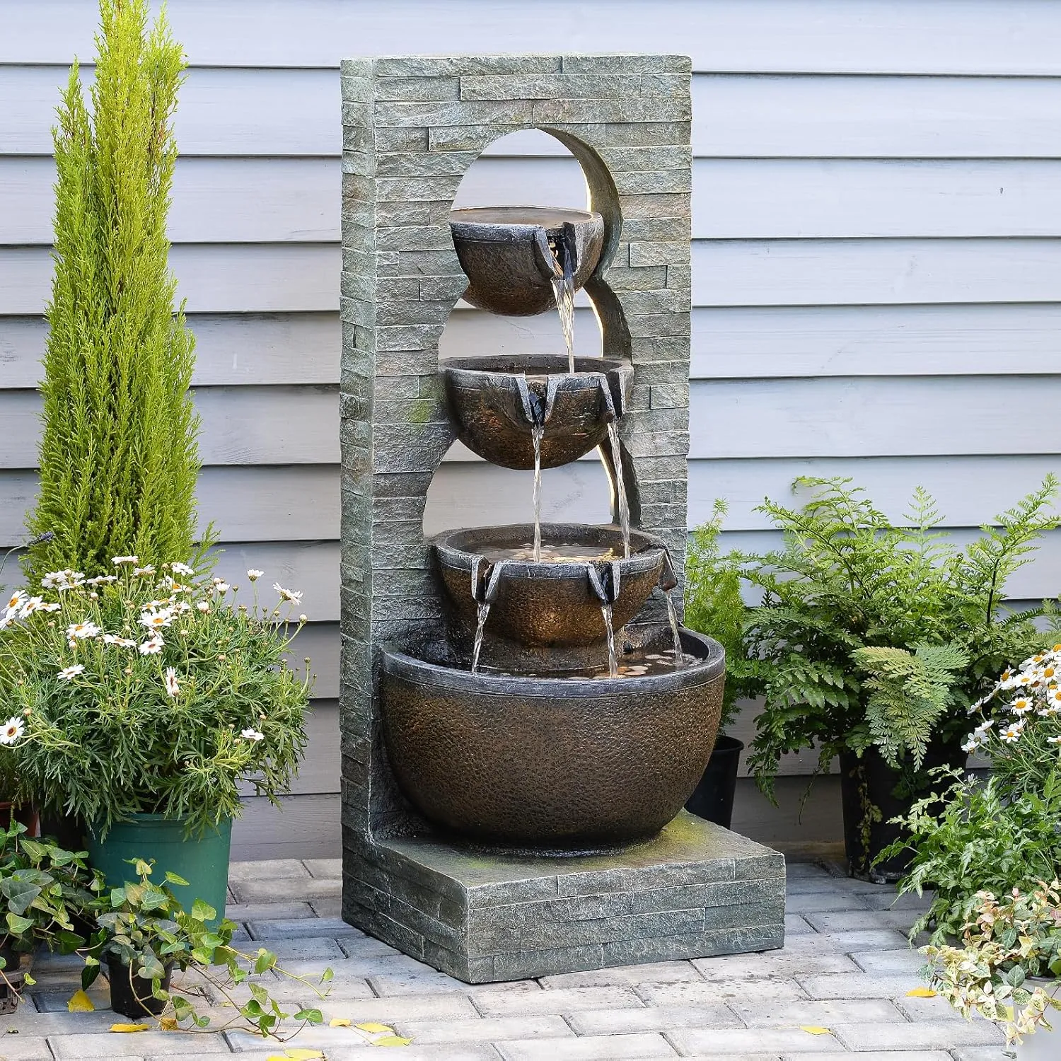 43" H Water Fountain Outdoor Garden - Large Waterfall Tiered Freestanding Cascade Bowl Fountains with LED Strips for Patio Backyard Deck Porch Home Decor, Brown