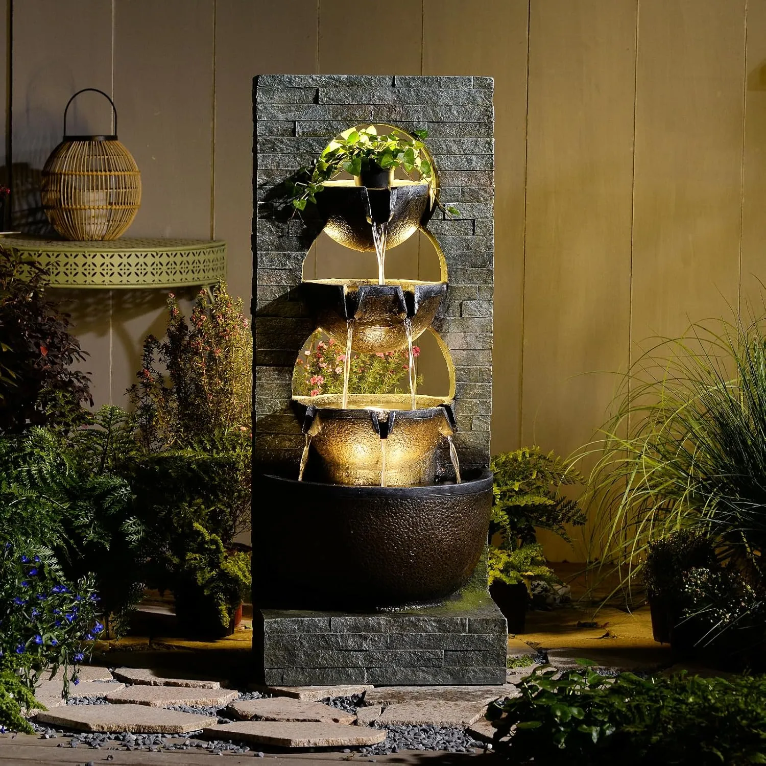 43" H Water Fountain Outdoor Garden - Large Waterfall Tiered Freestanding Cascade Bowl Fountains with LED Strips for Patio Backyard Deck Porch Home Decor, Brown