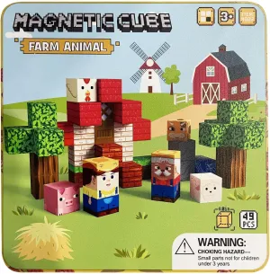49 PCS Magnetic Building Blocks Travel Toys, Farm Animals Magnetic Tiles with Portable Iron Storage Box & Play Base, STEM Learning Toys for Kids Ages 3-5, 4-8(a2)