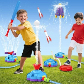 4-in-1 Water Sprinkler Baseball Toy, Water-spraying Rocket, Water Baseball Game, Rocket Launch Game, Spinning Water Sprayer Outdoor Summer Toys for Boys Girls Outside Water Game Toys for Kids 3-12