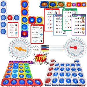 4in1 Interactive Multisensory Montessori Phonetics Toy with Huge Alphabet Pop Building Block &570 Words 4 Levels Phonics Handwritten Flash Cards for age 3 .Infinite Word Builder &Word Pop &Blend Sound