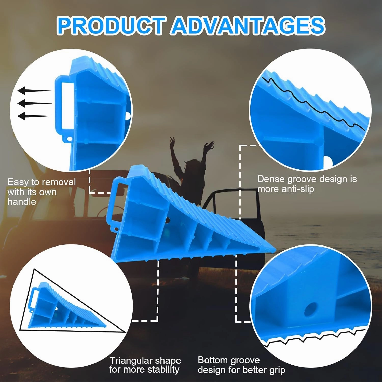 4Pack Wheel Chocks for RV Trailer Non Slip Heavy Duty Blue Camper Wheel Chocks with Handle for Easy Removal Polypropylene Wheel Stoppers for Cars Campers Trucks Rvs