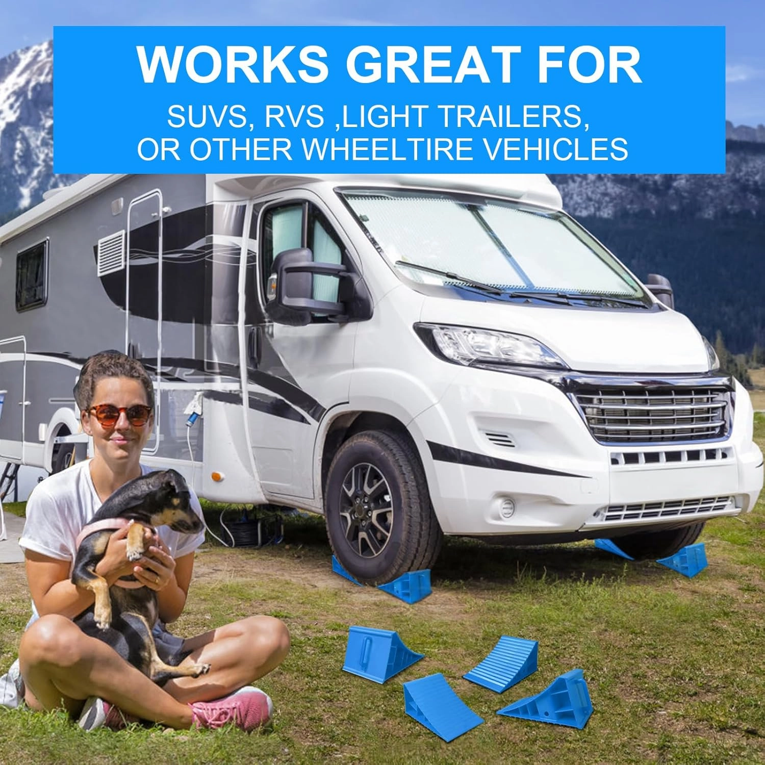 4Pack Wheel Chocks for RV Trailer Non Slip Heavy Duty Blue Camper Wheel Chocks with Handle for Easy Removal Polypropylene Wheel Stoppers for Cars Campers Trucks Rvs