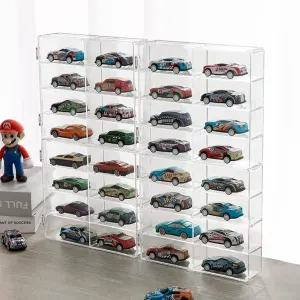 4Pcs 1/64 Toy Car Display Box, Matchbox Toy Car Display Case Hold 32 Slots, Clear Acrylic Toy Cars Storage Organizer, Display Case with Dust Cover for Toy Cars Storage, 7.2" x 6.5" x 1.6"