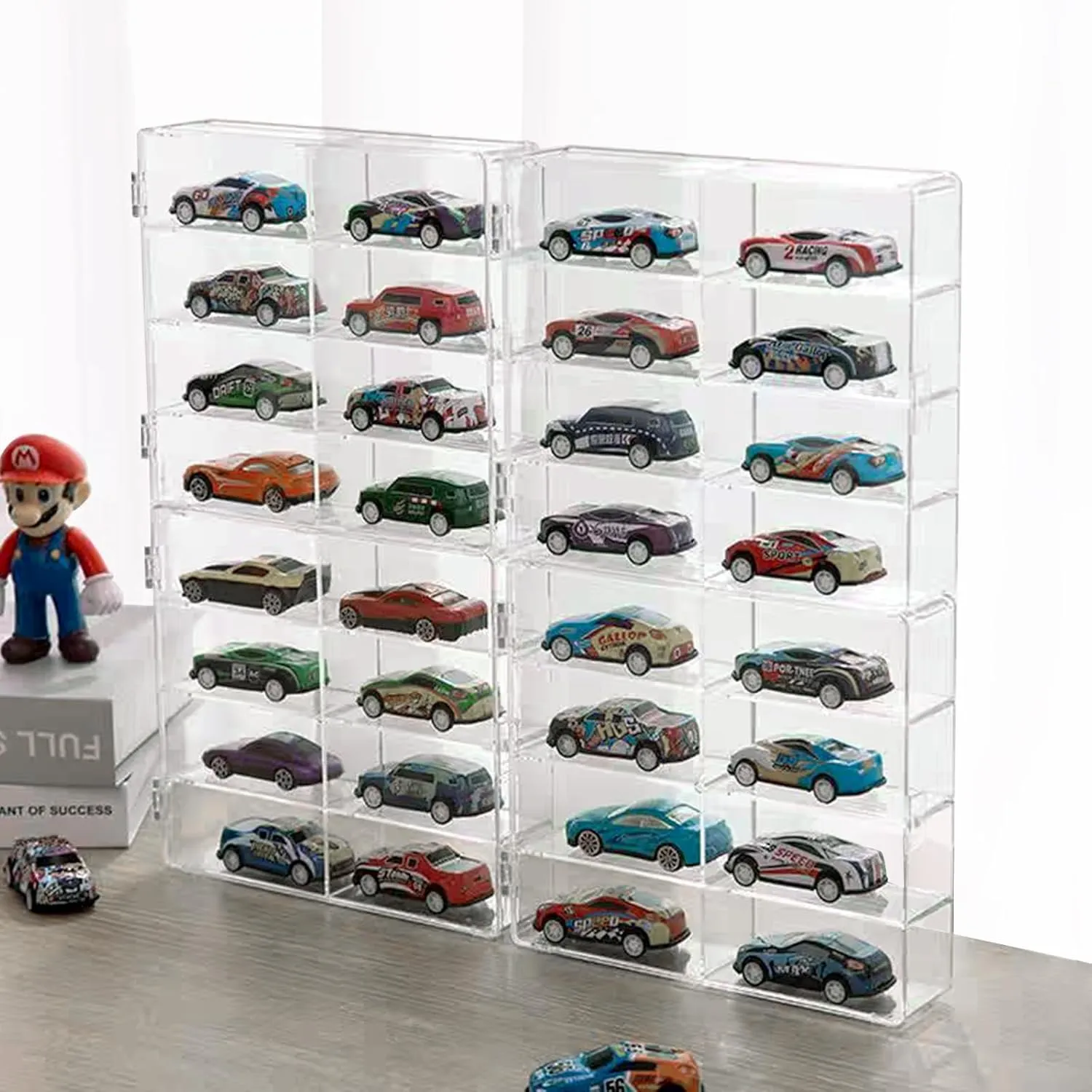 4Pcs 1/64 Toy Car Display Box, Matchbox Toy Car Display Case Hold 32 Slots, Clear Acrylic Toy Cars Storage Organizer, Display Case with Dust Cover for Toy Cars Storage, 7.2" x 6.5" x 1.6"