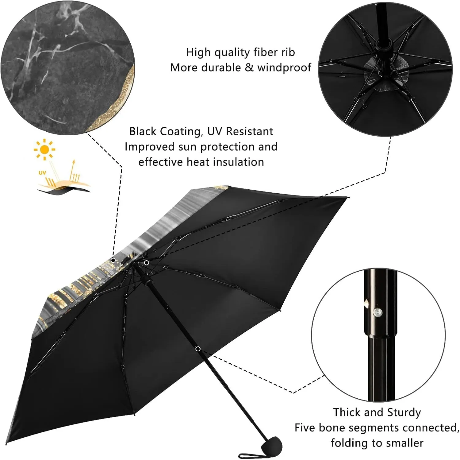 5 Folding Compact Pocket Windproof Umbrella, 6 Ribs Ultra-Light Foldable Vinyl Parasol, Mini Anti-UV Travel Umbrella