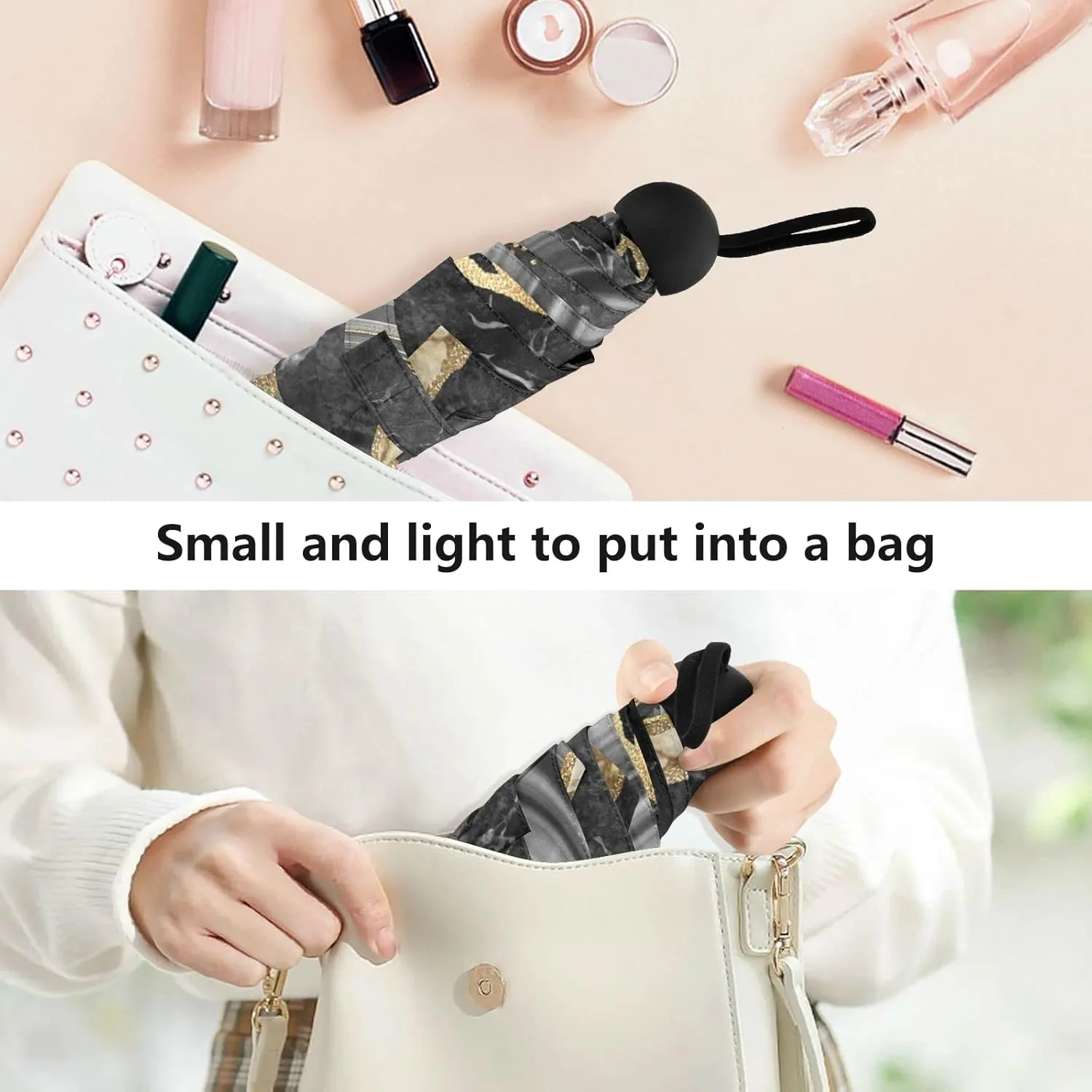 5 Folding Compact Pocket Windproof Umbrella, 6 Ribs Ultra-Light Foldable Vinyl Parasol, Mini Anti-UV Travel Umbrella