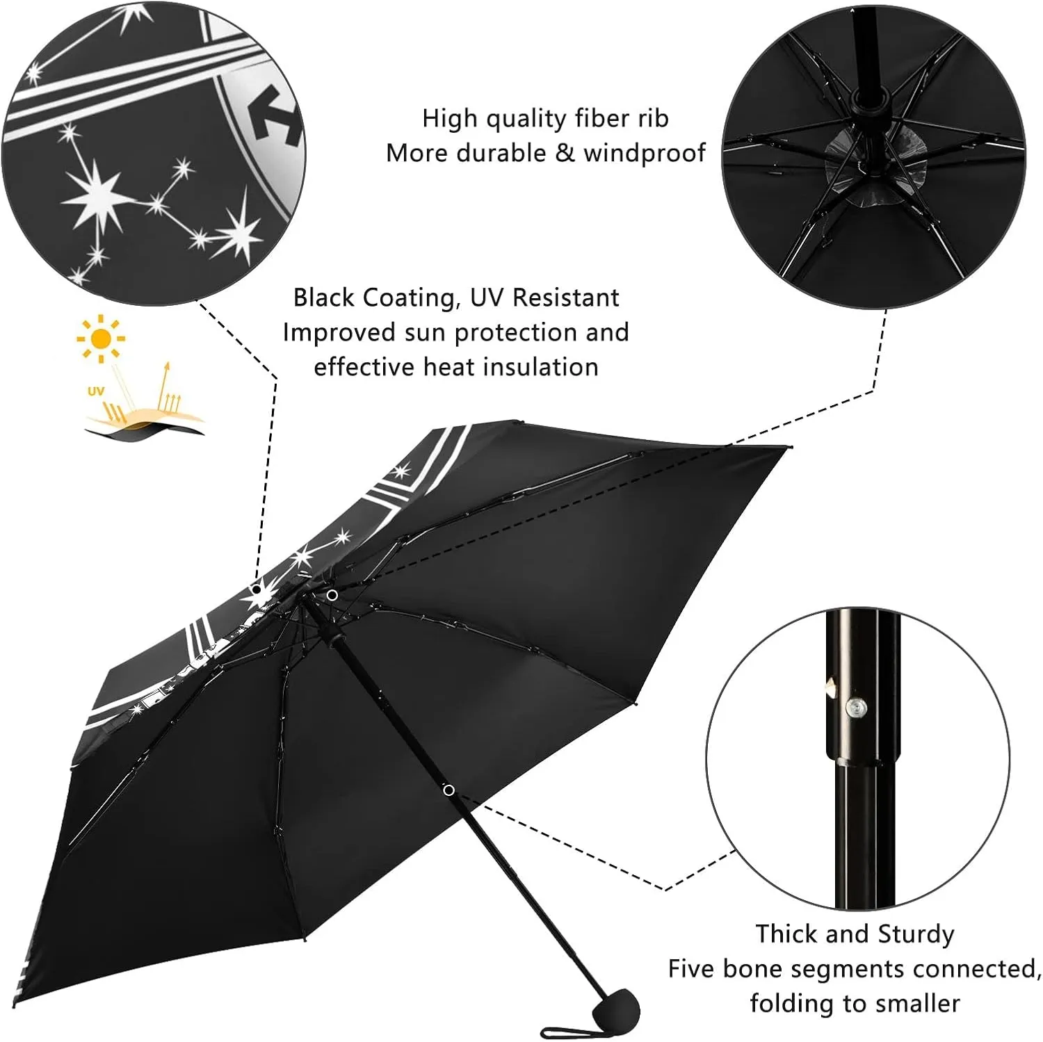 5 Folding Compact Pocket Windproof Umbrella, 6 Ribs Ultra-Light Foldable Vinyl Parasol, Mini Anti-UV Travel Umbrella