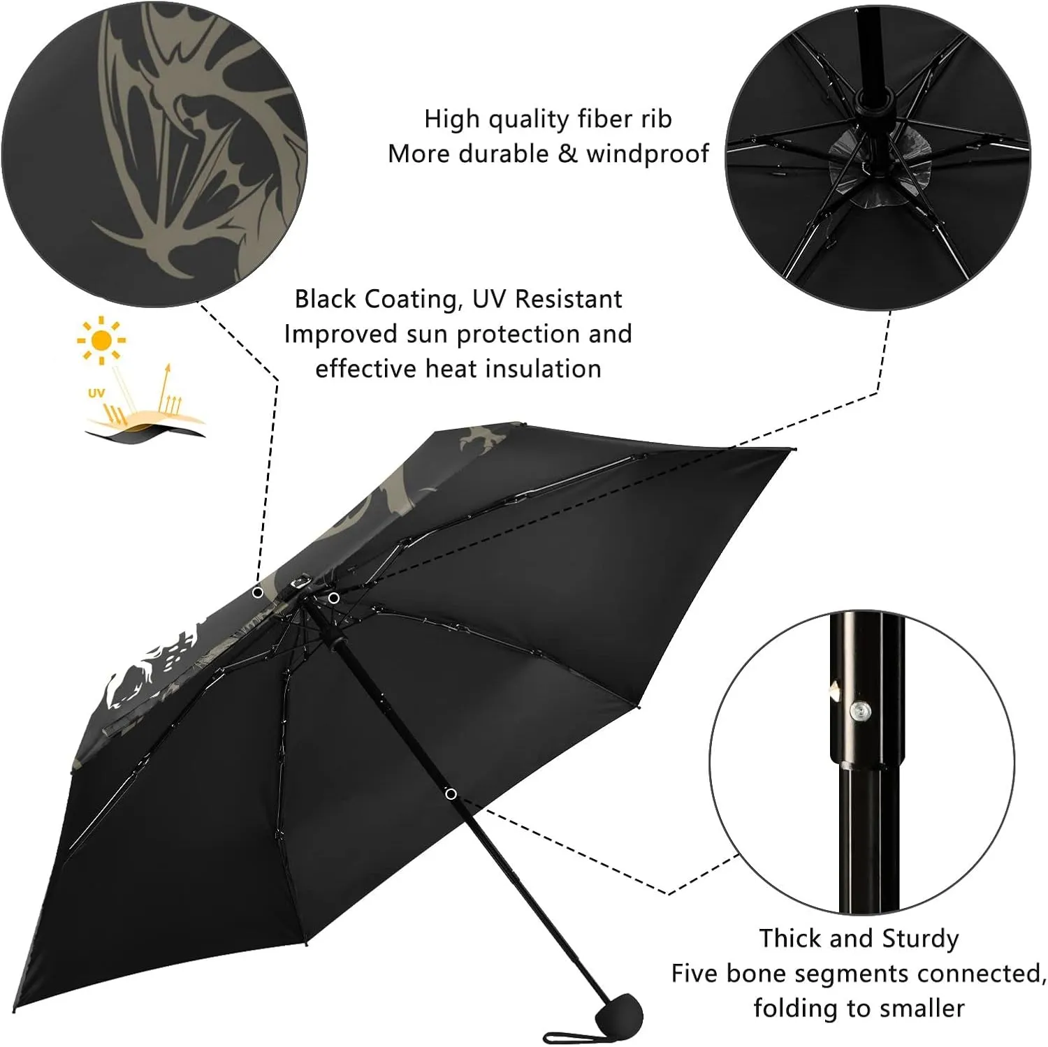5 Folding Compact Pocket Windproof Umbrella, 6 Ribs Ultra-Light Foldable Vinyl Parasol, Small Mini Anti-UV Travel Umbrella