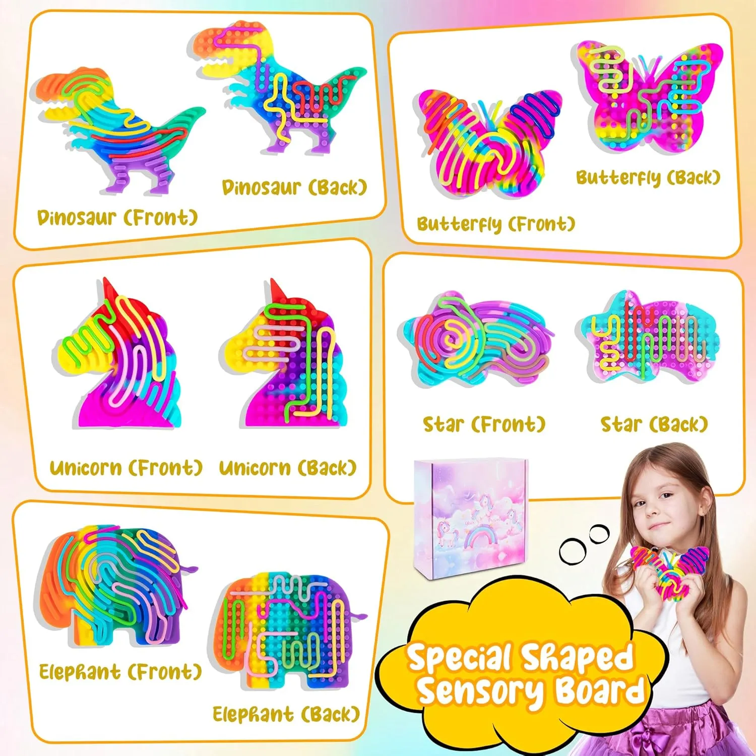 5-Pack Sensory Activity Board Toy for Kids Adults, Includes Unicorn, Dinosaur, Butterfly, Star & Elephant, Double-Sided Silicone Fidget Push & Peel Board for Stress Relief, ADHD Autism Calm Down Toys