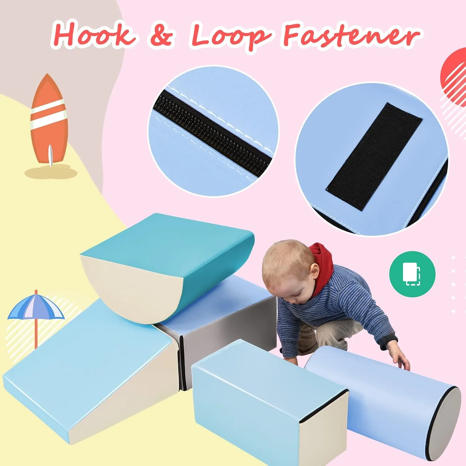 5 Piece Climb and Crawl Activity PlaySet, Including Slide Ramp,Cylinder Block and Semicircle Block,Soft Foam Indoor Active Playset for Stacking Crawling and Sliding at Home