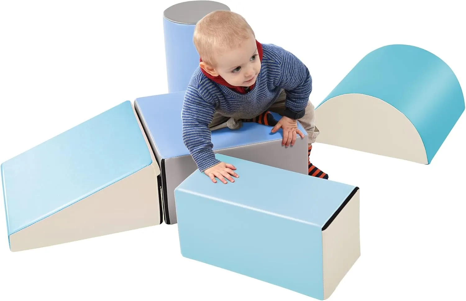 5 Piece Climb and Crawl Activity PlaySet, Including Slide Ramp,Cylinder Block and Semicircle Block,Soft Foam Indoor Active Playset for Stacking Crawling and Sliding at Home