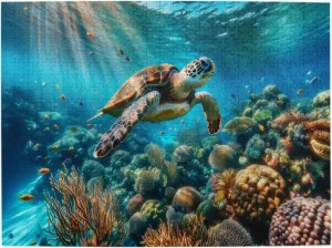 500 Pcs Jigsaw Puzzle - Coral Reef Guardian, Sea Turtle Swimming Through Vibrant Underwater World With Fish,Pleasure Both Body And Mind,Gift For Friend