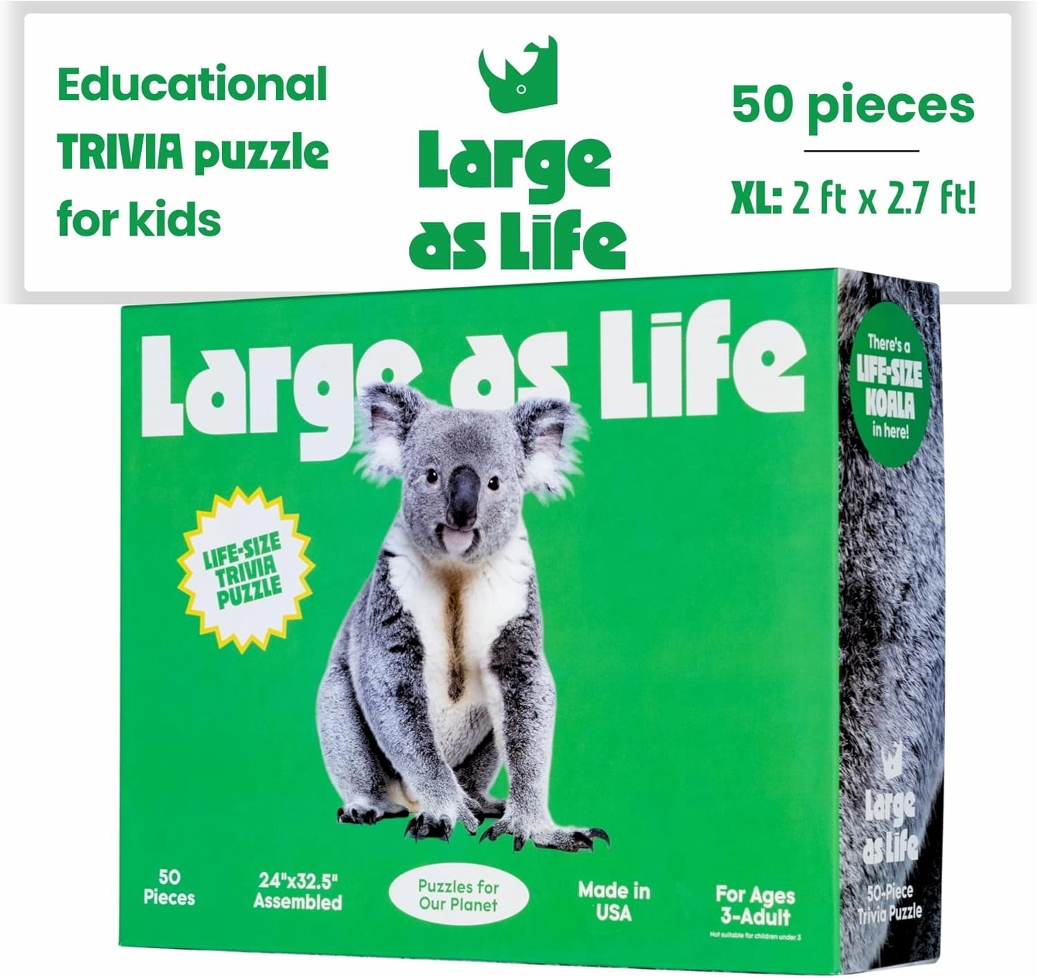 50 Piece Trivia Floor Jigsaw Puzzle - Life Size Koala - Educational Trivia On Each Piece – Fun Gift for Kids Enjoyable for Adults, Ages 3  XL Puzzle Size Assembled 24" x 32.5" - Made in USA
