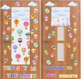 55 Pcs Classroom Door Window Cover Curtains with Hot Air Balloon Cards Clouds Glass Doors Window Covering Darkening Blackout Drapes for School Teacher Office Decor 8 x 36 Inches