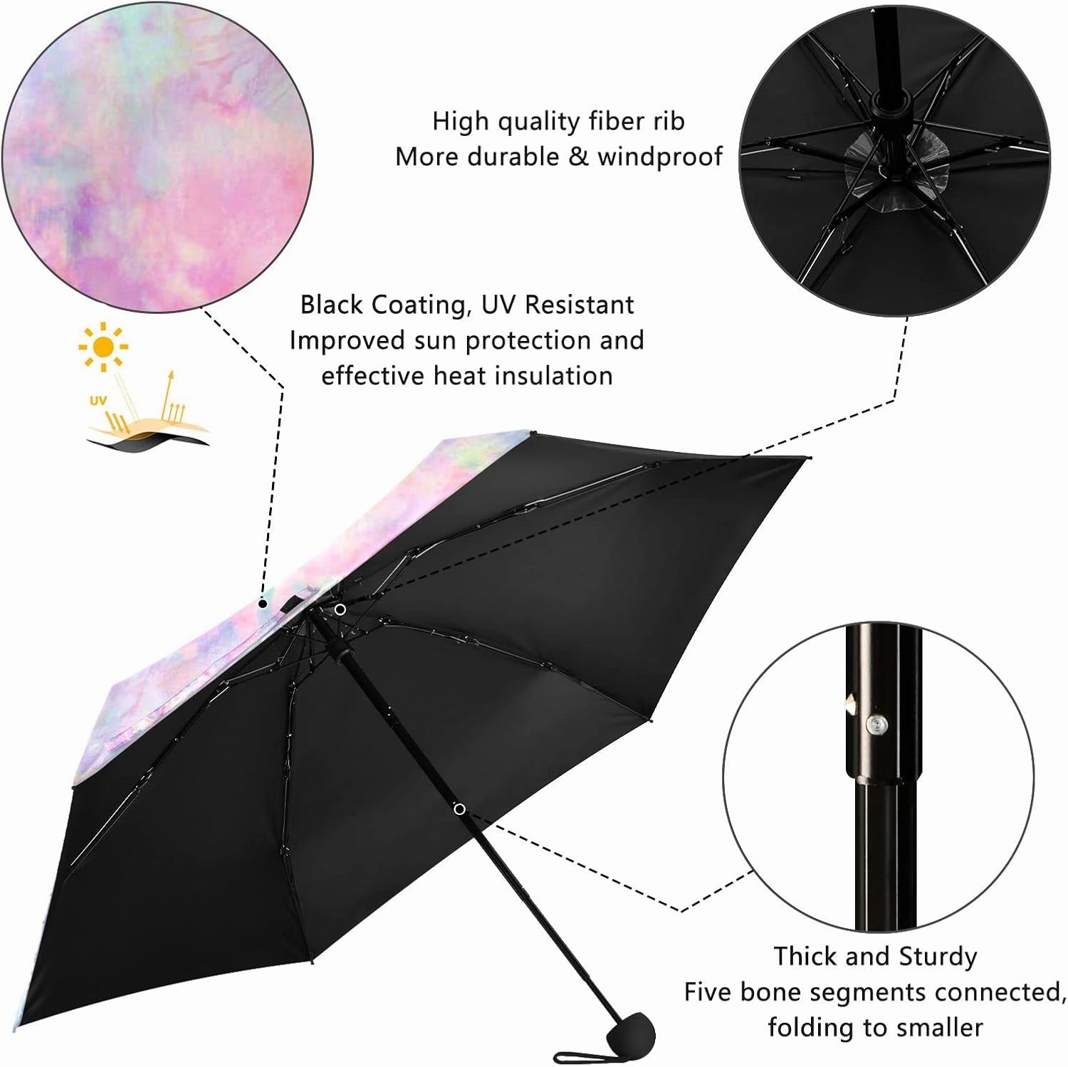 5 Folding Compact Pocket Windproof Umbrella, 6 Ribs Ultra-Light Foldable Vinyl Parasol, Mini Anti-UV Travel Umbrella