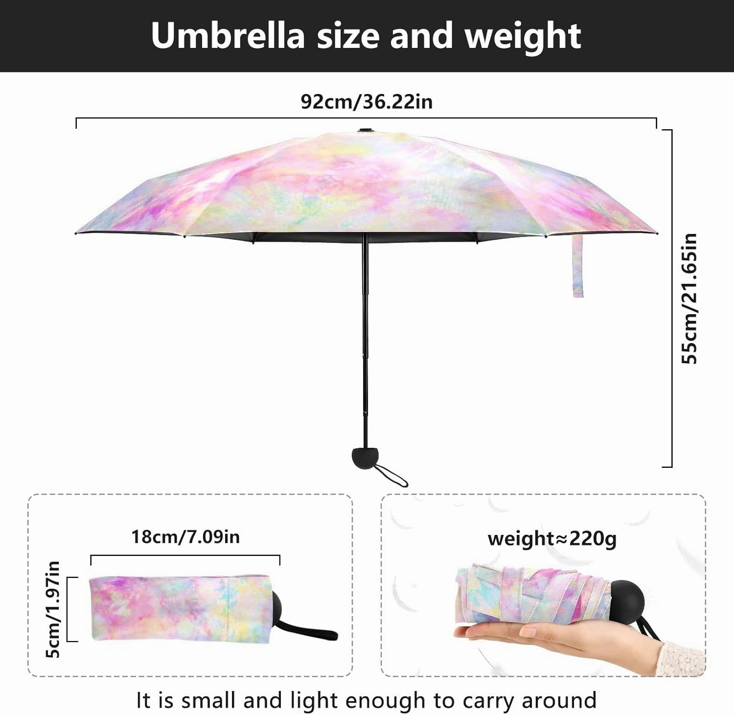 5 Folding Compact Pocket Windproof Umbrella, 6 Ribs Ultra-Light Foldable Vinyl Parasol, Mini Anti-UV Travel Umbrella