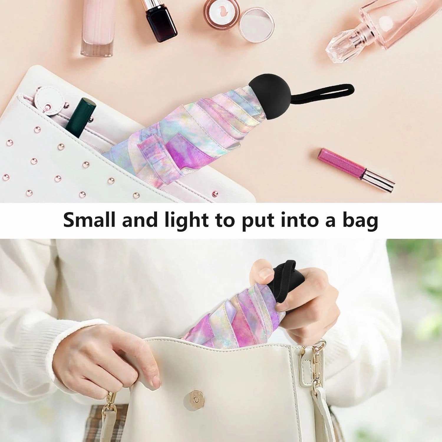 5 Folding Compact Pocket Windproof Umbrella, 6 Ribs Ultra-Light Foldable Vinyl Parasol, Mini Anti-UV Travel Umbrella