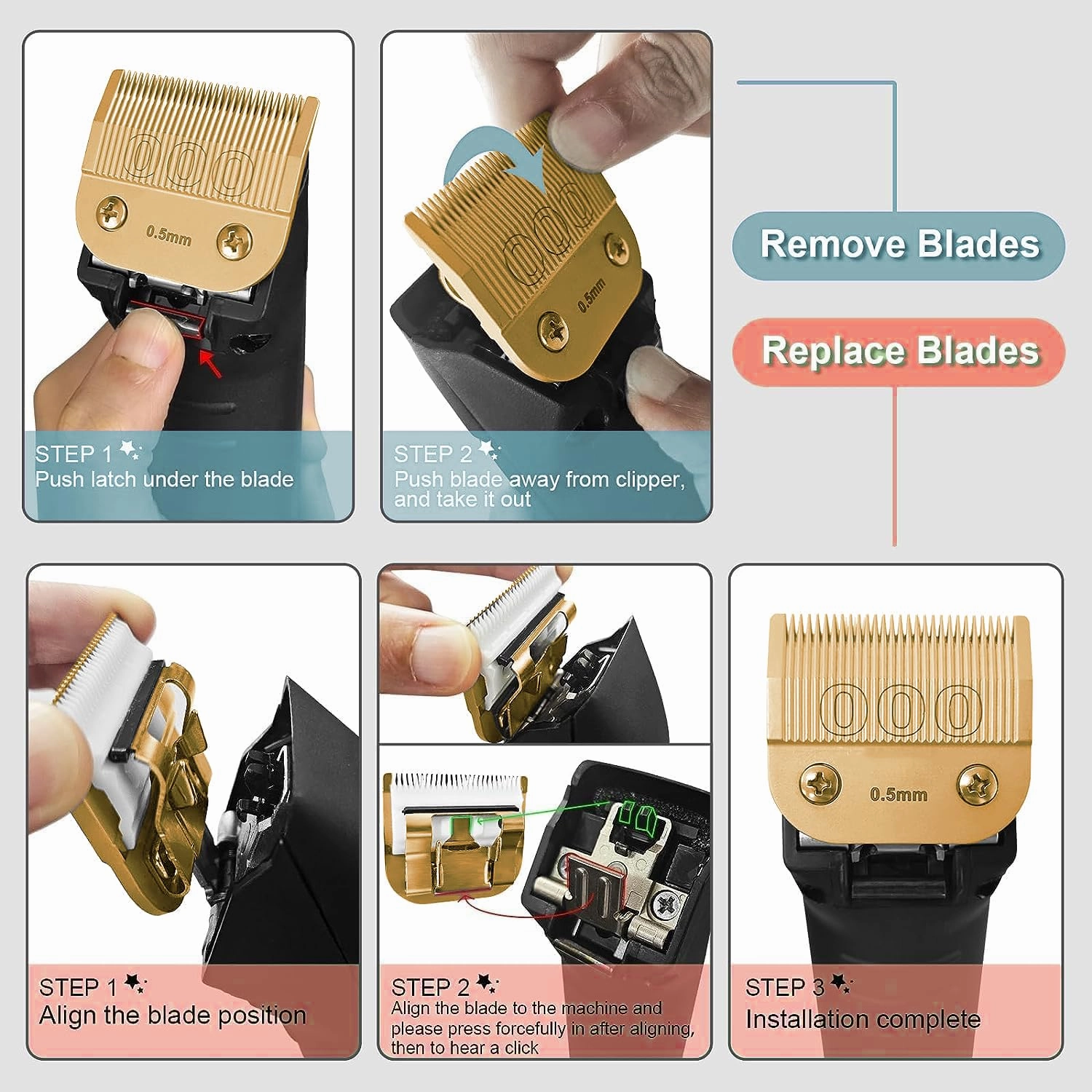5 Pack Professional Detachable Replacement Blades Set,Compatible with Andis AGC,BDC,BGC,MBG Series/Oster Classic 76/Star-Teq/Power-Teq/A5 Clipper Cut Length（1/16-1/8inch) Golden