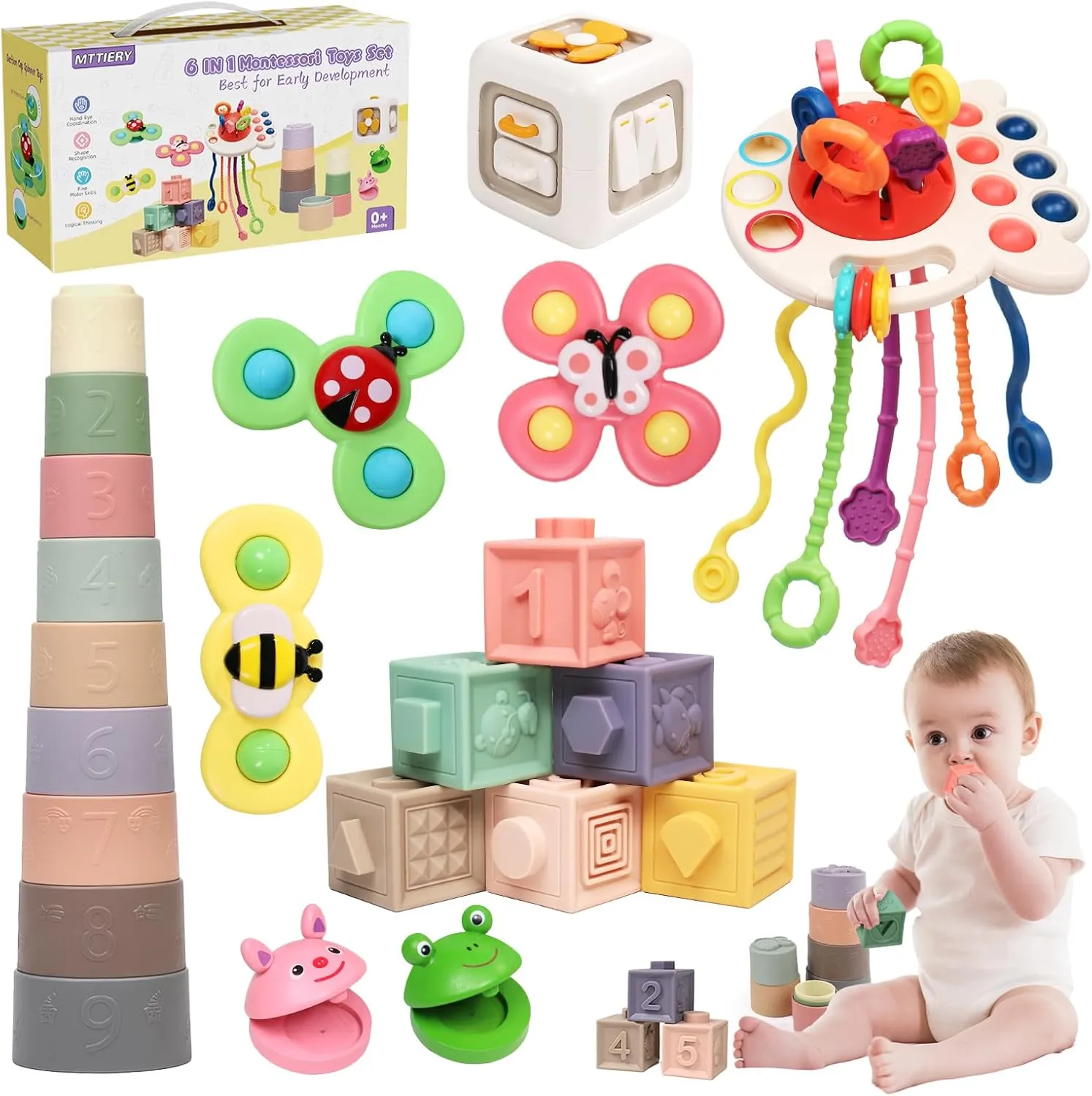 6 in 1 Baby Toys 0-6 Months, Montessori Toys for 6-12 Months, Infant Sensory Pull String Toy, Fidget Spinners Soft Buliding Blocks & Stacking Cups for Toddlers 1-3, Baby Gifts for Boys Girls