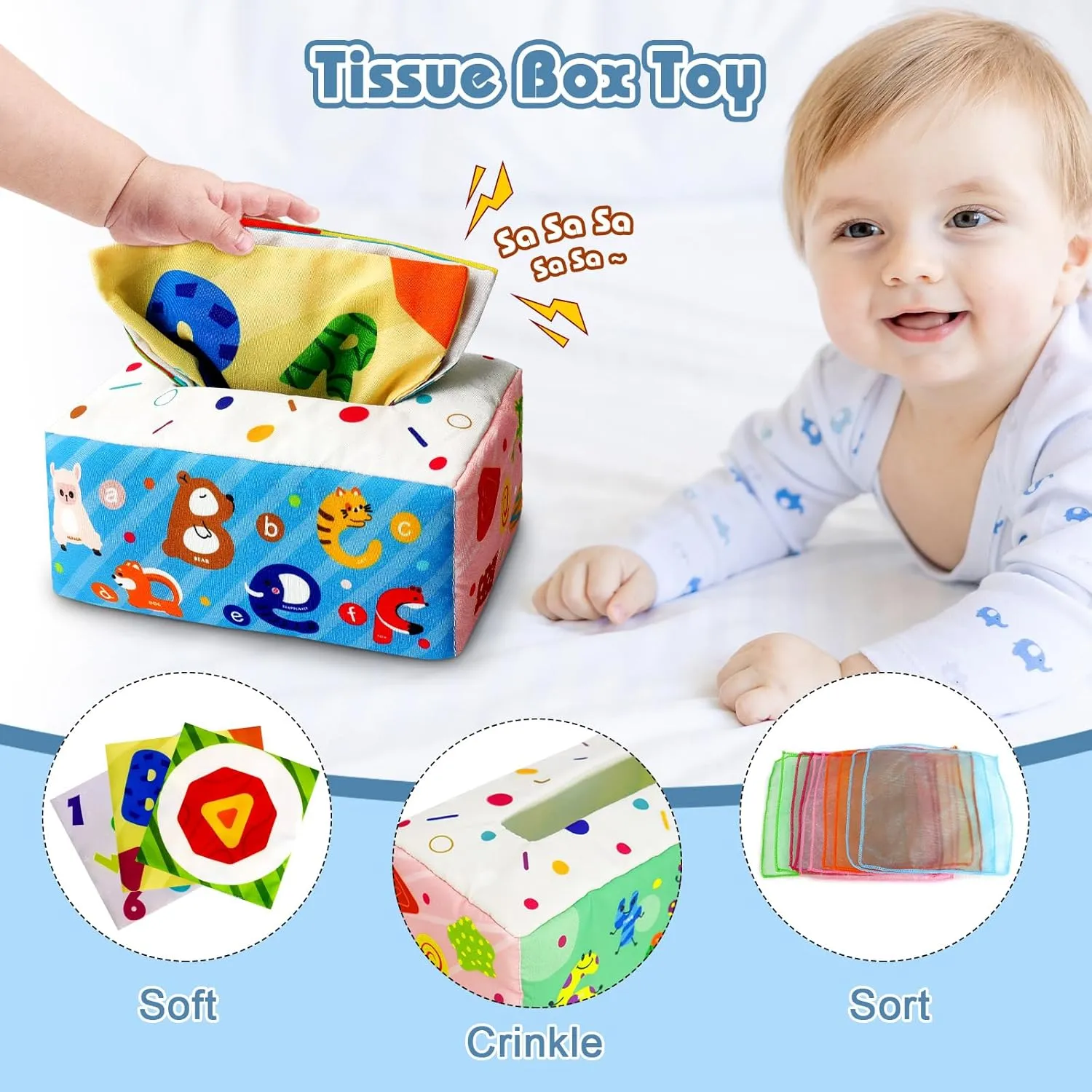 6 in 1 Montessori Toys for Babies 6-12 Months Up - Incl Pull String Toy, Stacking Cups, Tissue Box, Suction Cup Spinner, Stacking Blocks,Activity Cube, Baby Toys for 1 2 3 Year Old