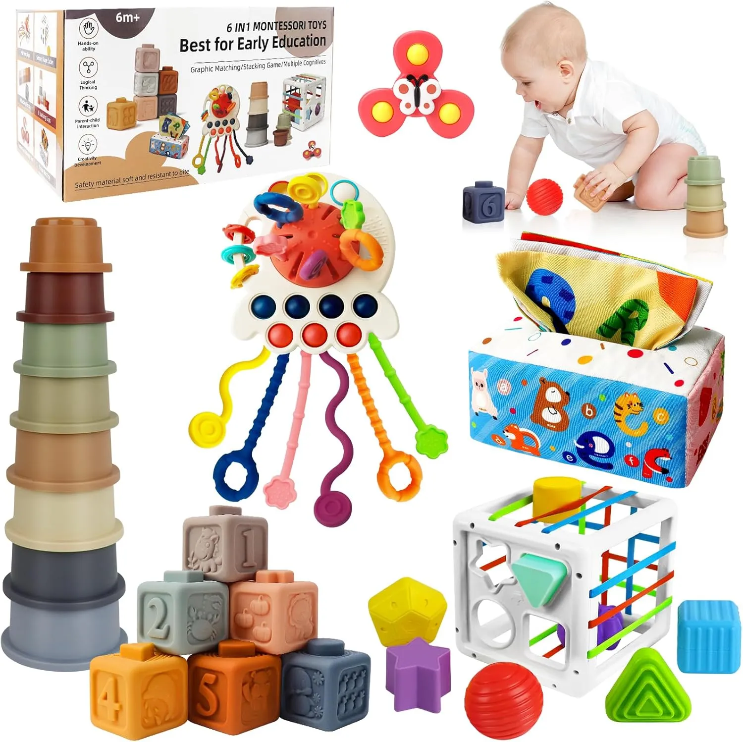 6 in 1 Montessori Toys for Babies 6-12 Months Up - Incl Pull String Toy, Stacking Cups, Tissue Box, Suction Cup Spinner, Stacking Blocks,Activity Cube, Baby Toys for 1 2 3 Year Old