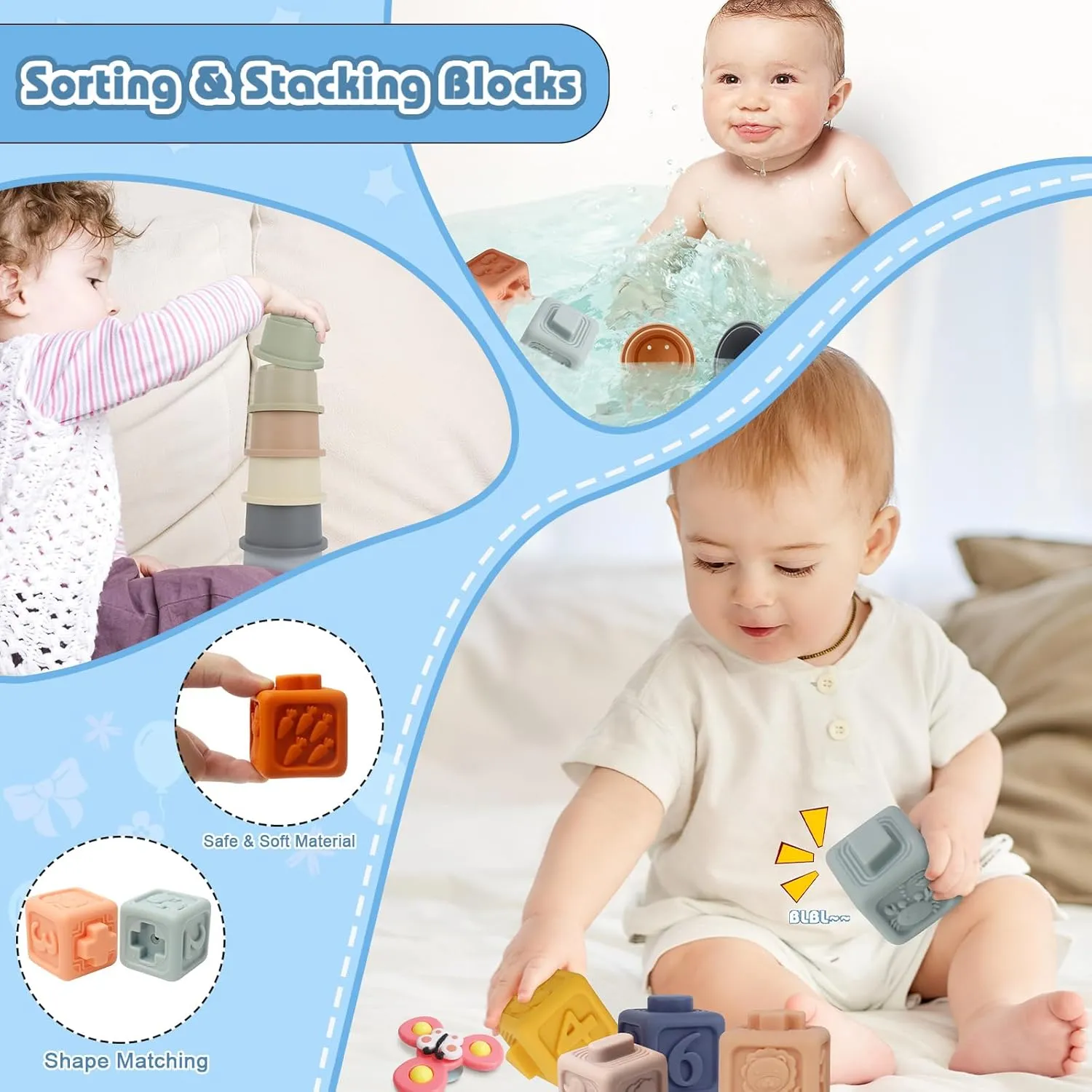 6 in 1 Montessori Toys for Babies 6-12 Months Up - Incl Pull String Toy, Stacking Cups, Tissue Box, Suction Cup Spinner, Stacking Blocks,Activity Cube, Baby Toys for 1 2 3 Year Old