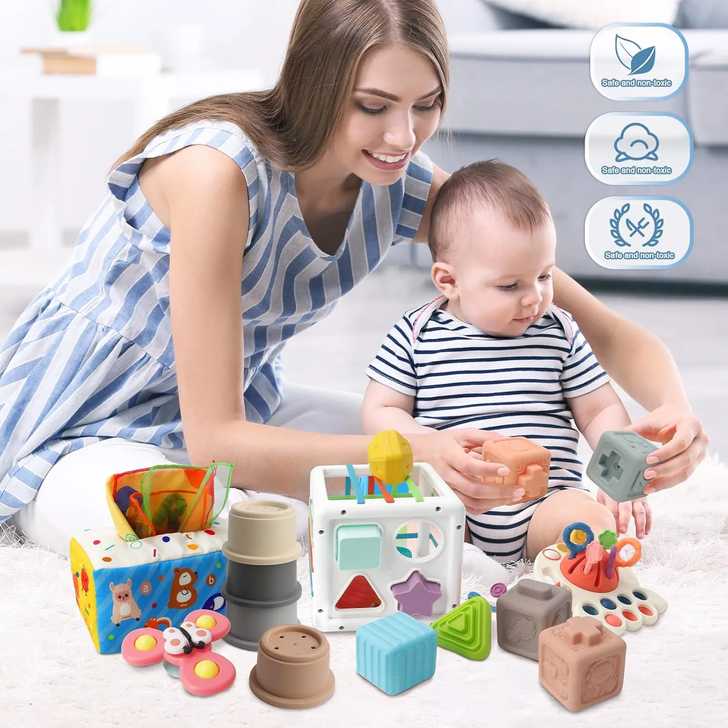 6 in 1 Montessori Toys for Babies 6-12 Months Up - Incl Pull String Toy, Stacking Cups, Tissue Box, Suction Cup Spinner, Stacking Blocks,Activity Cube, Baby Toys for 1 2 3 Year Old