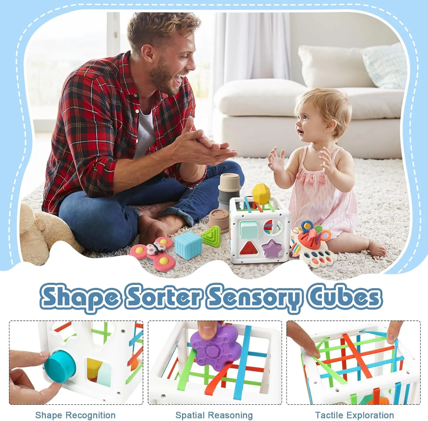 6 in 1 Montessori Toys for Babies 6-12 Months Up - Incl Pull String Toy, Stacking Cups, Tissue Box, Suction Cup Spinner, Stacking Blocks,Activity Cube, Baby Toys for 1 2 3 Year Old