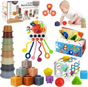 6 in 1 Montessori Toys for Babies 6-12 Months Up - Incl Pull String Toy, Stacking Cups, Tissue Box, Suction Cup Spinner, Stacking Blocks,Activity Cube, Baby Toys for 1 2 3 Year Old