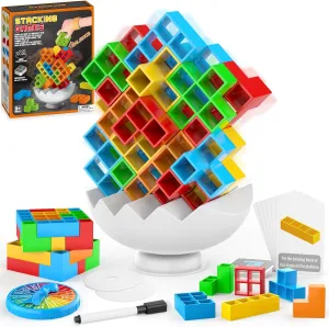 70PCS Stack Attack Game for Adult & Kids, 3D Tetra Board Tower Games for Family Travel Party, 2 Players Balance Stacking Toy, Team Toys Building Block