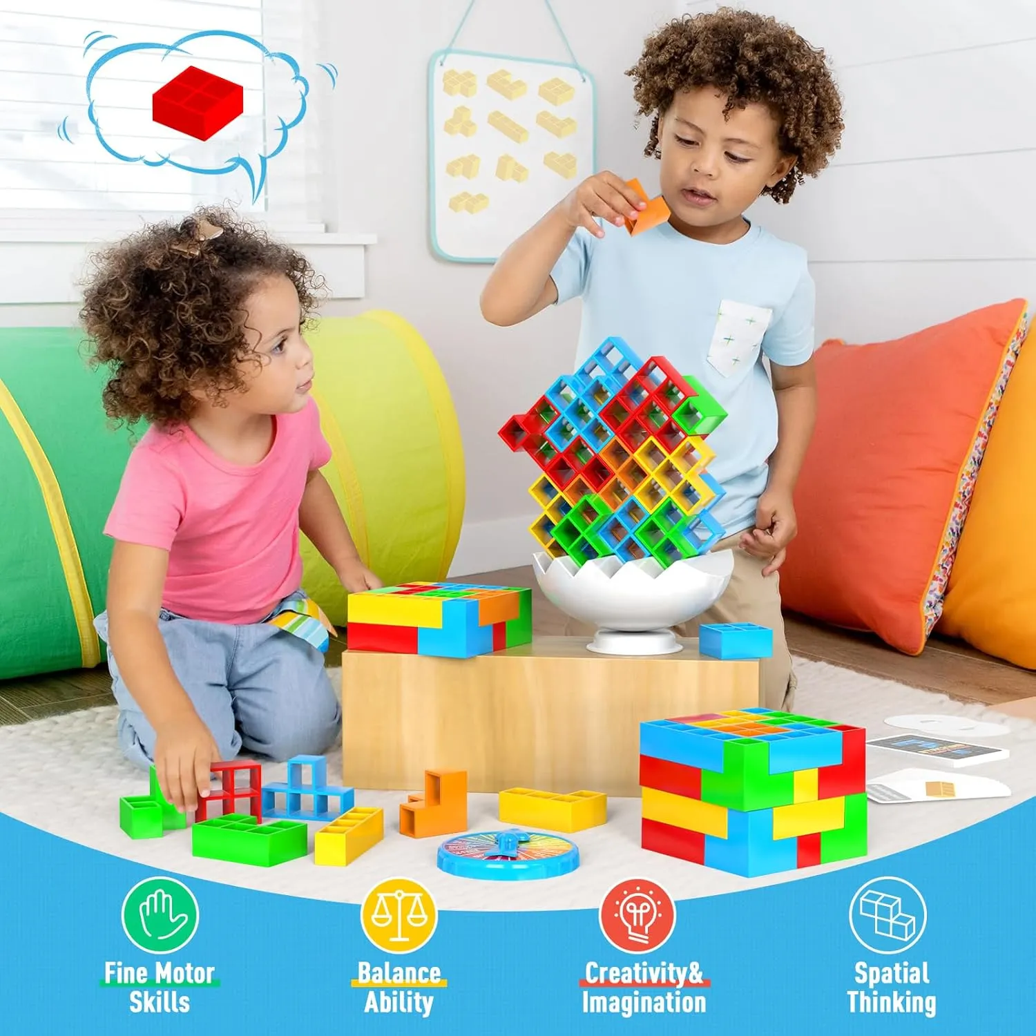 70PCS Stack Attack Game for Adult & Kids, 3D Tetra Board Tower Games for Family Travel Party, 2 Players Balance Stacking Toy, Team Toys Building Block