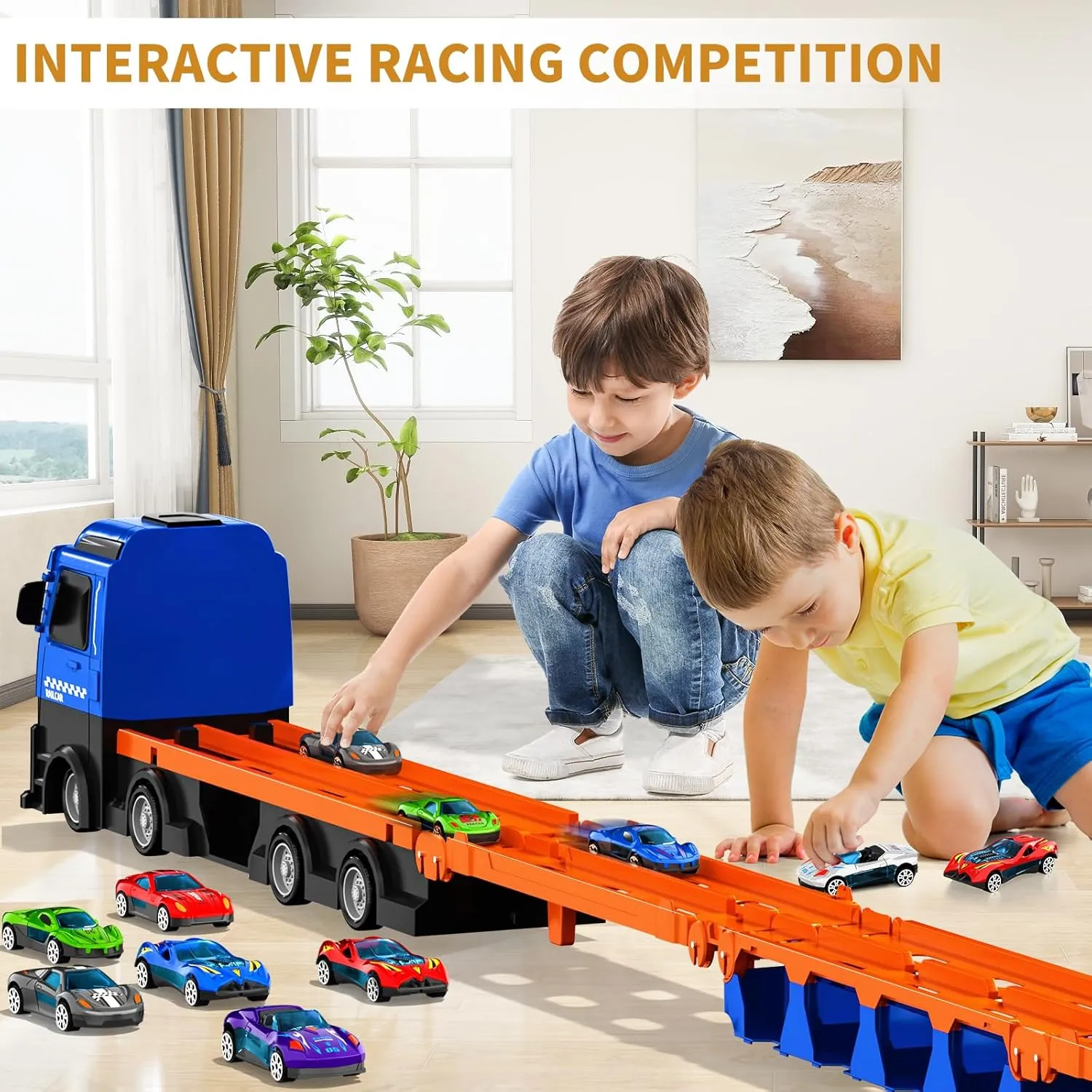 78.7-Inch Racing Car Track Truck Toy for Boys 3 4 5 6 7 Years Old - Transport Carrier Trucks, Foldable Tracks Storage, 12 Die-cast Car, Gifts for Toddlers and Kids Aged 3-5