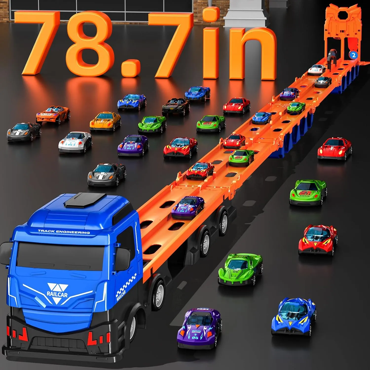78.7-Inch Racing Car Track Truck Toy for Boys 3 4 5 6 7 Years Old - Transport Carrier Trucks, Foldable Tracks Storage, 12 Die-cast Car, Gifts for Toddlers and Kids Aged 3-5
