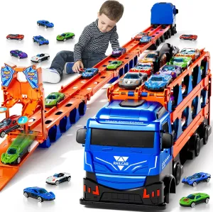78.7-Inch Racing Car Track Truck Toy for Boys 3 4 5 6 7 Years Old - Transport Carrier Trucks, Foldable Tracks Storage, 12 Die-cast Car, Gifts for Toddlers and Kids Aged 3-5