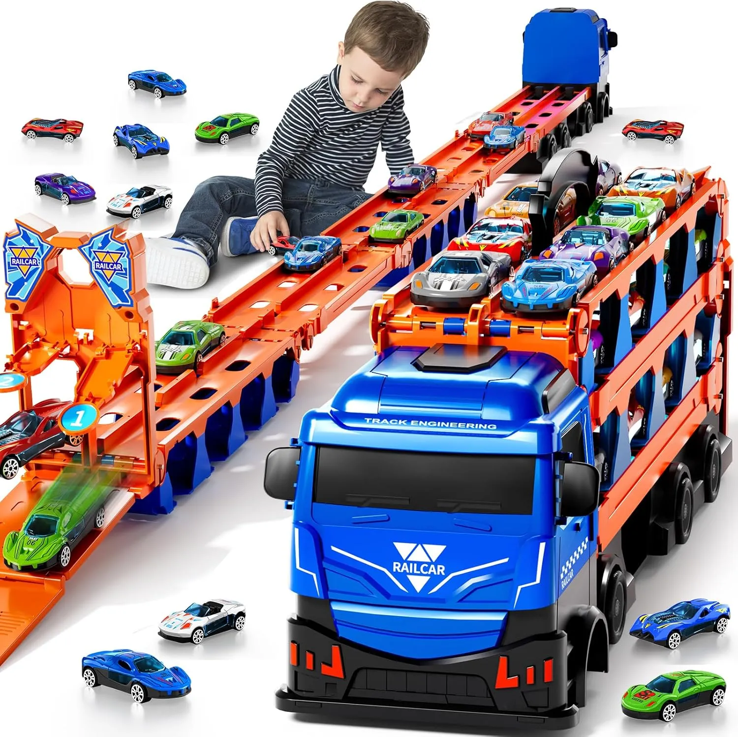 78.7-Inch Racing Car Track Truck Toy for Boys 3 4 5 6 7 Years Old - Transport Carrier Trucks, Foldable Tracks Storage, 12 Die-cast Car, Gifts for Toddlers and Kids Aged 3-5