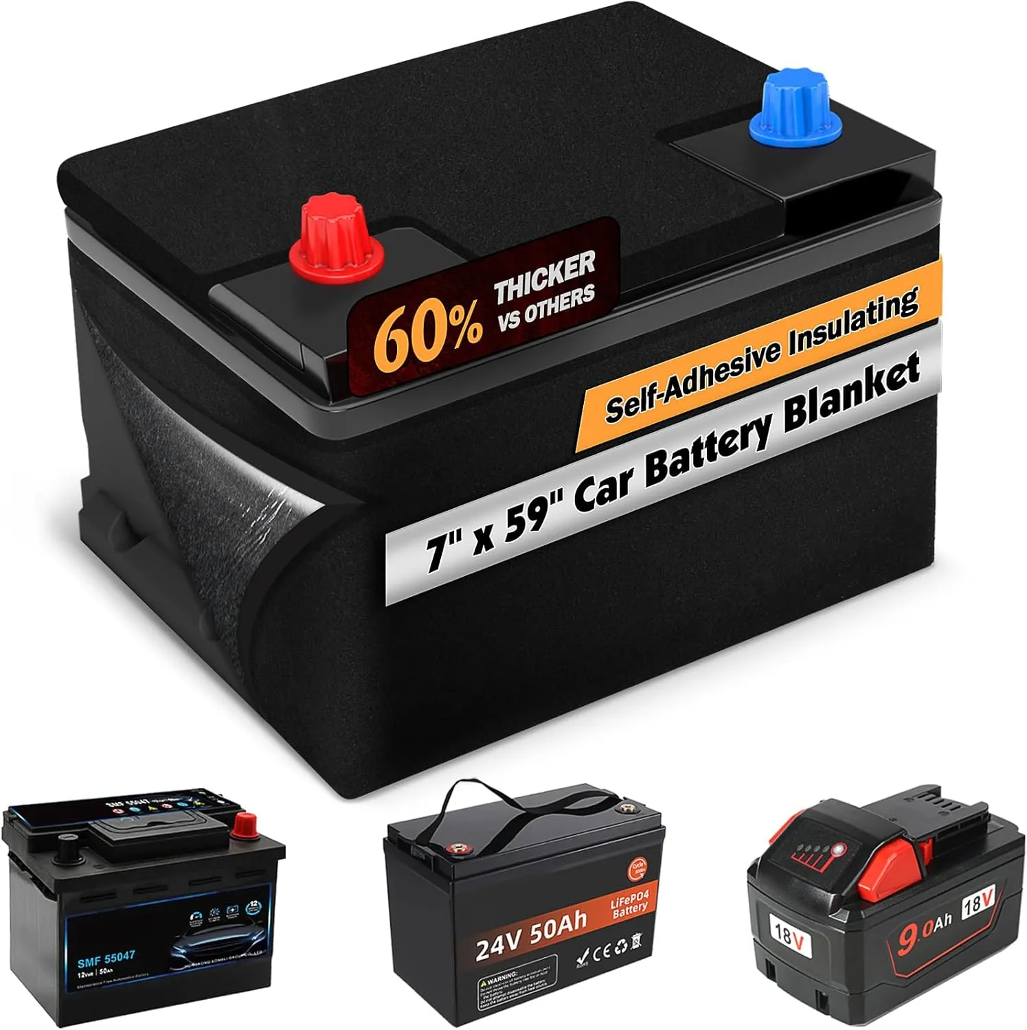 7" x 59" Car Battery Blanket, Car Battery Warmer with Self-Adhesive Backing, Resistant to Extreme Temperatures, Fits Universal Vehicle Batteries