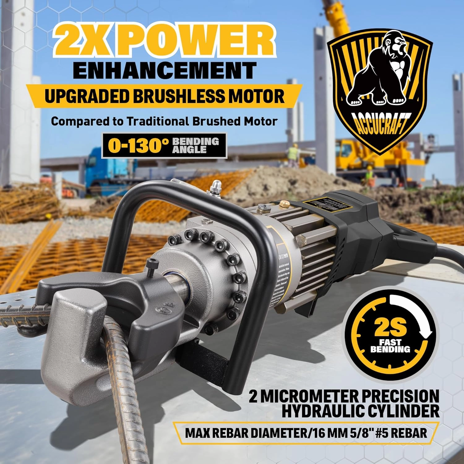 [Upgraded Version] Electric Rebar Bender with Brushless Motor, Bending up to 5/8 Inch 16mm #5 Rebar, Bend Angle 0-130°, 1100W Portable Hydraulic Rebar Bender Tool, Handheld Rebar Bender Machine, 110V