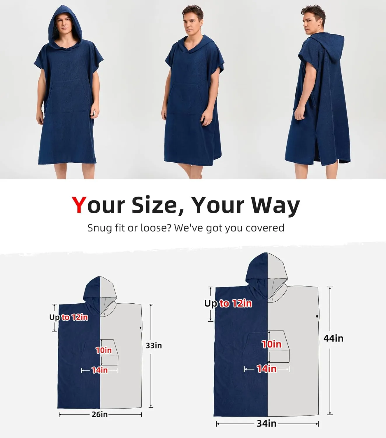 Abahub Surf Poncho Men & Women Towel Poncho Adult with Hood, Thick Quick Dry Changing Poncho Towel, Microfiber Wearable Cover Up for Surfing Beach Swim - Absorbent Changing Towel M (Navy Blue)