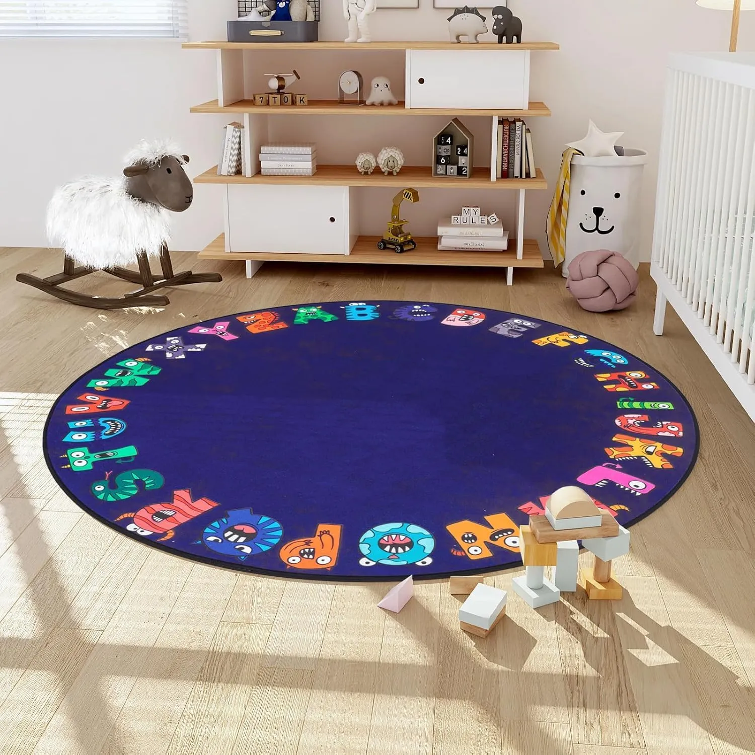ABC Alphabet Rug for Kids, Classroom Playmat 6ft Non-Slip Circle Rugs for playroom, Round Area Rug for Elementary Classroom, Play Carpet for Boys Girls Bedrooms Playroom,Nursery RugsBlue