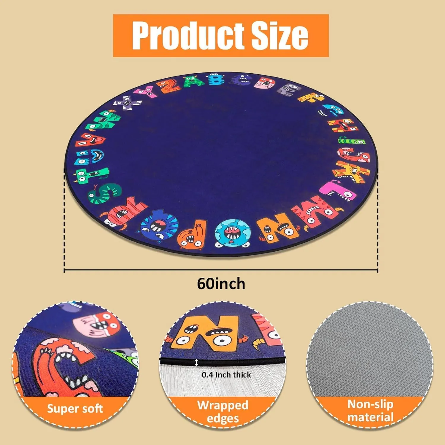 ABC Alphabet Rug for Kids, Classroom Playmat 6ft Non-Slip Circle Rugs for playroom, Round Area Rug for Elementary Classroom, Play Carpet for Boys Girls Bedrooms Playroom,Nursery RugsBlue
