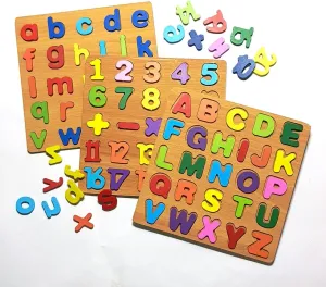 ABC Wooden Pegged Puzzle Set of 3- Uppercase, Lowercase Letters & Numbers Learning Toy for Kids | Educational Alphabet & Number Matching Game | Montessori Wooden Peg Puzzle for Toddlers & Preschoolers