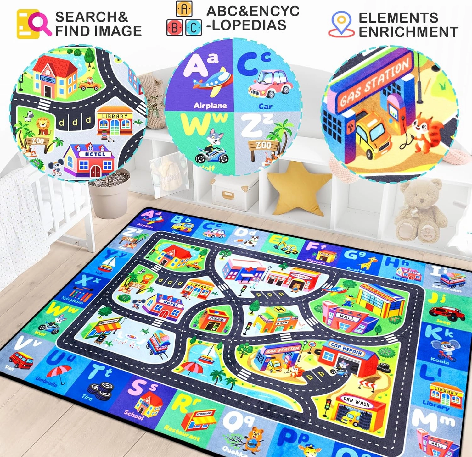 ABC Rug for Kids Playroom, Alphabet Rug 3x5 Feet, Washable Play Mat Non-Slip ABC Mat Classroom Carpet Car Rugs for Kids Learning Letters Animals Shapes for Play Room Decor