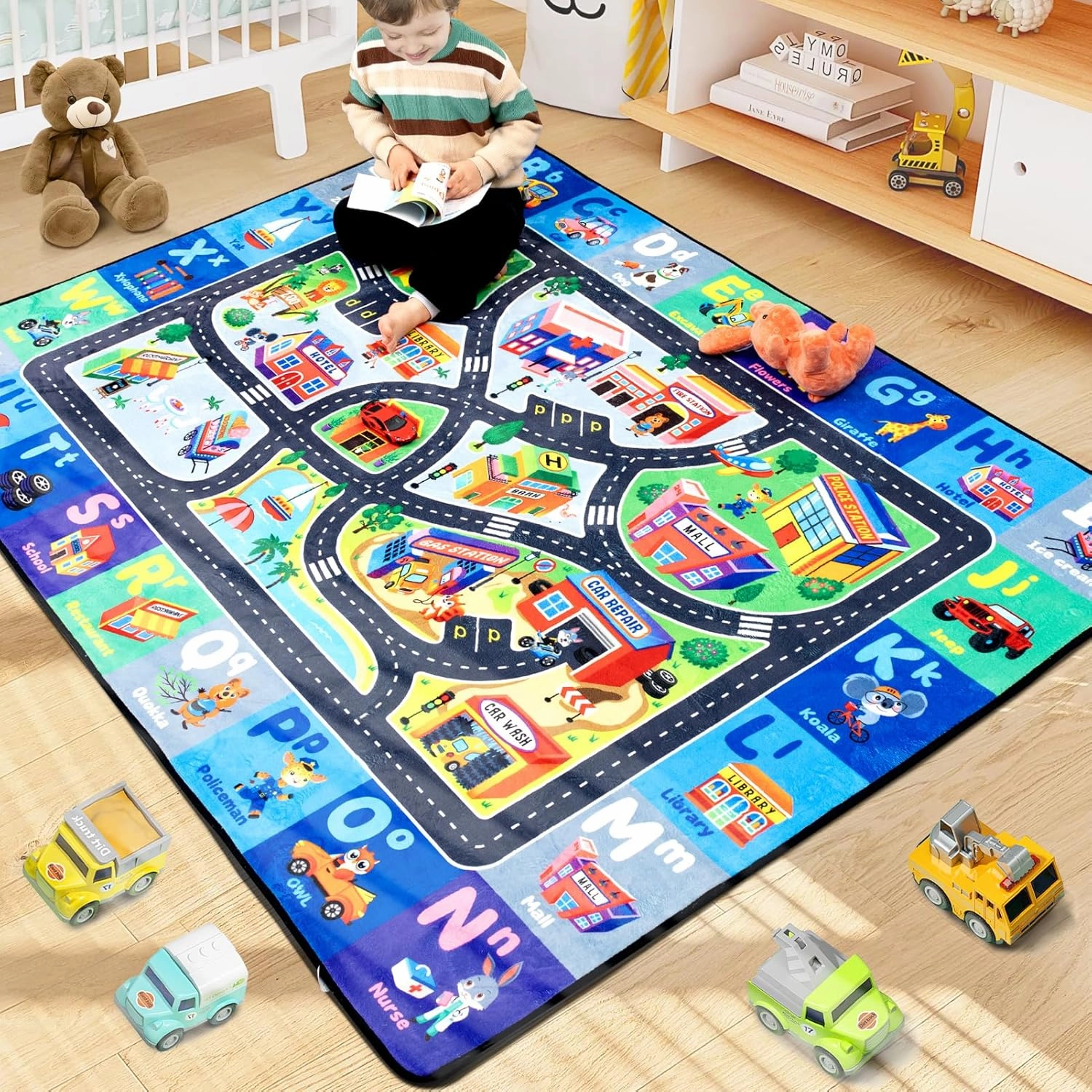 ABC Rug for Kids Playroom, Alphabet Rug 3x5 Feet, Washable Play Mat Non-Slip ABC Mat Classroom Carpet Car Rugs for Kids Learning Letters Animals Shapes for Play Room Decor