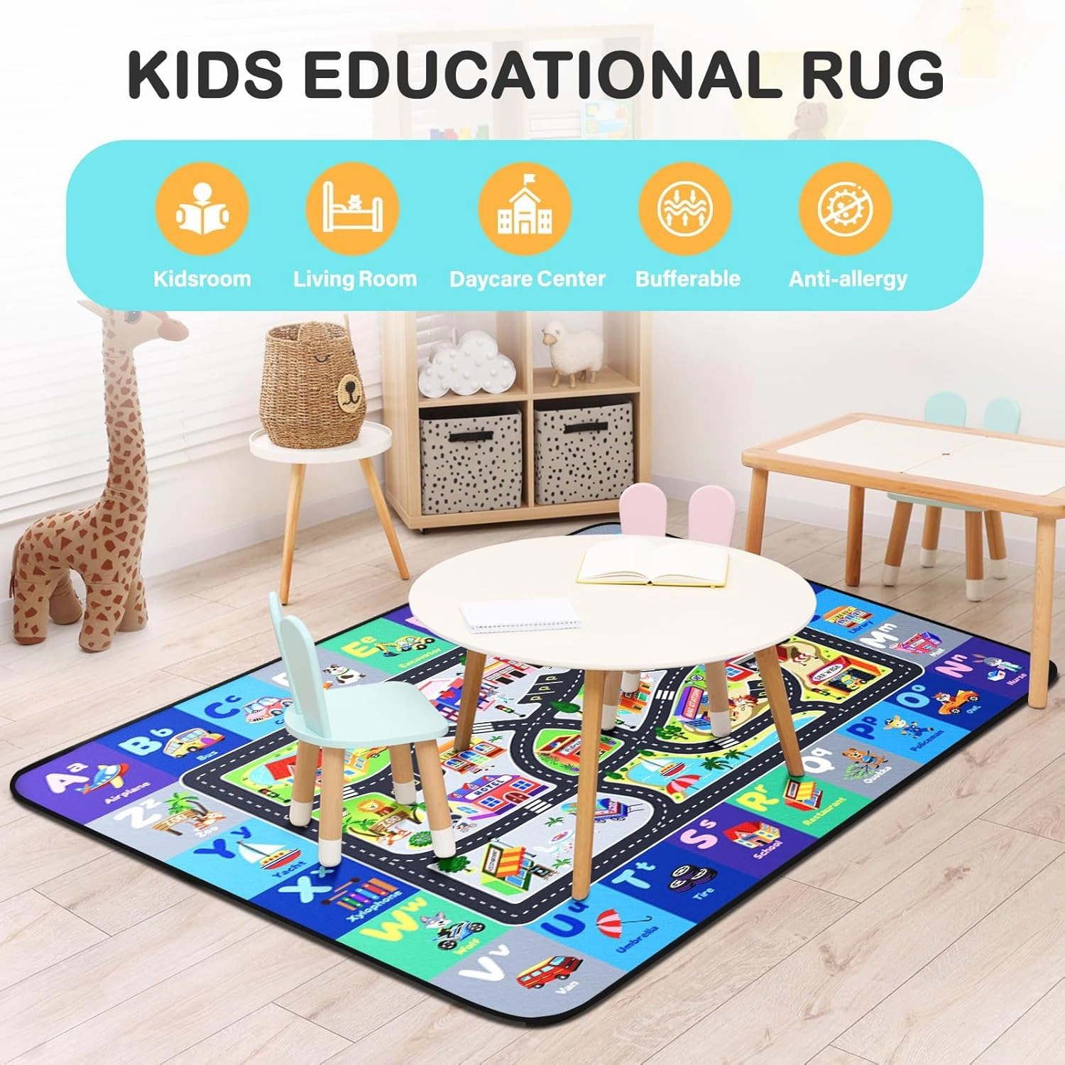 ABC Rug for Kids Playroom, Alphabet Rug 3x5 Feet, Washable Play Mat Non-Slip ABC Mat Classroom Carpet Car Rugs for Kids Learning Letters Animals Shapes for Play Room Decor