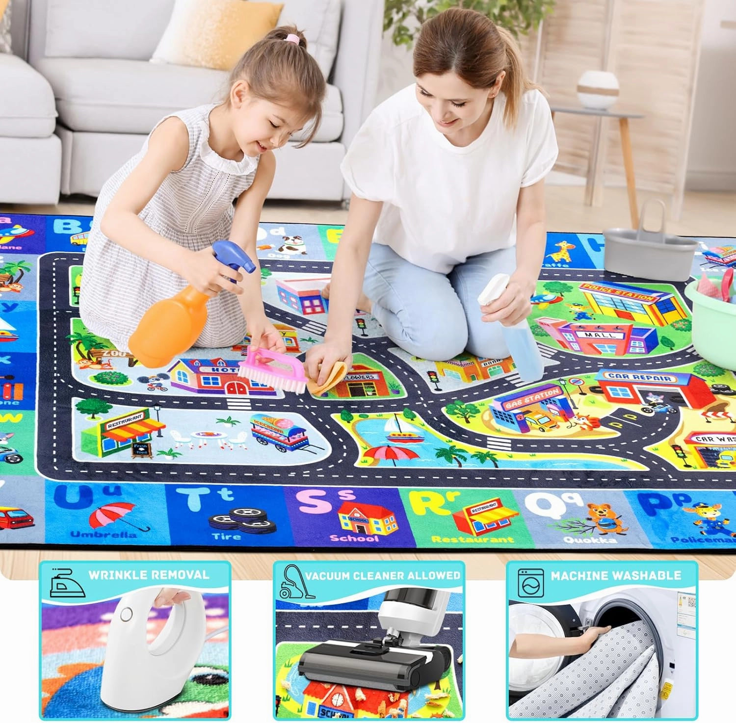 ABC Rug for Kids Playroom, Alphabet Rug 3x5 Feet, Washable Play Mat Non-Slip ABC Mat Classroom Carpet Car Rugs for Kids Learning Letters Animals Shapes for Play Room Decor